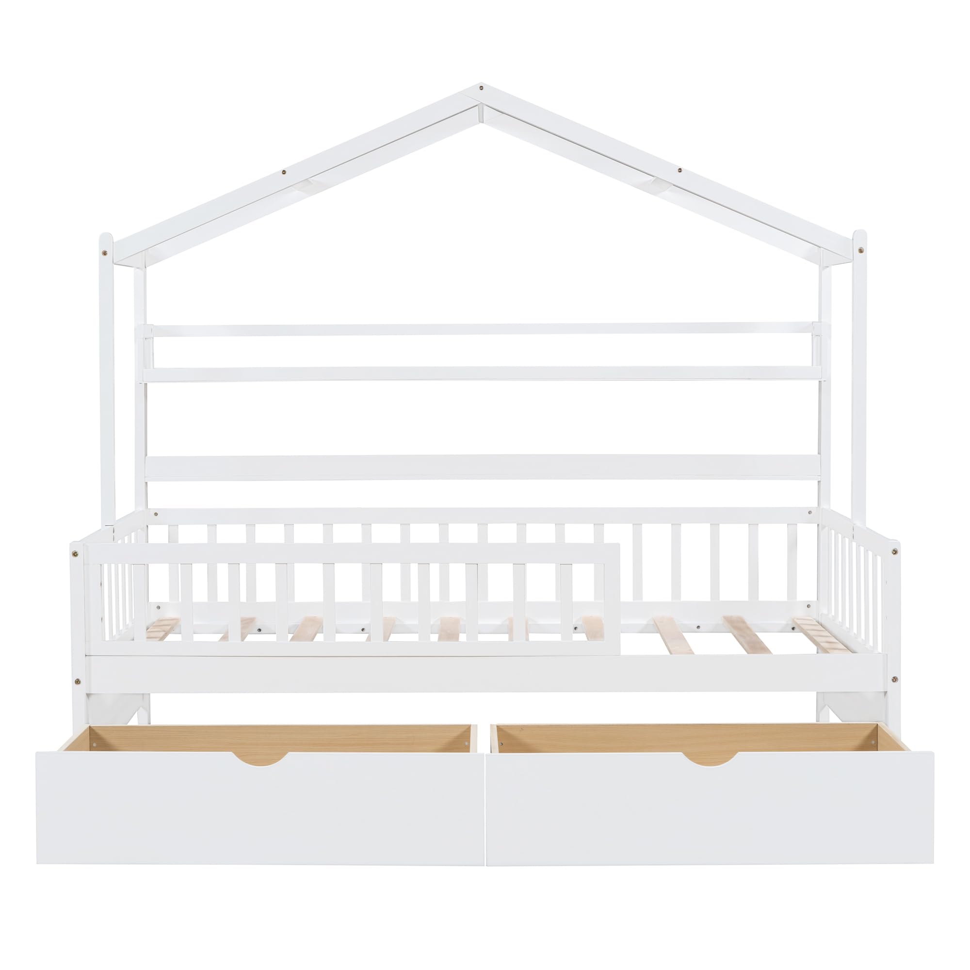 Merax Wood Twin House Bed Frame with Drawers/Book Shelf,Low Sofa Daybed for Boys Girls,No Box Spring Needed White