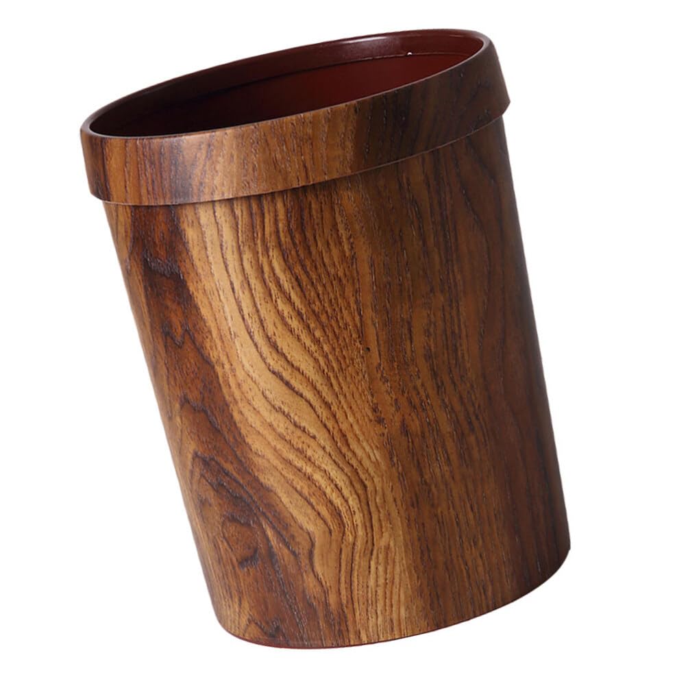 Cabilock Wood Trash Can Wood Grain Garbage Can Plastic Round Wastebasket Rustic Farmhouse Style Wastebasket Bin Rubbish Bins with Pressing Ring