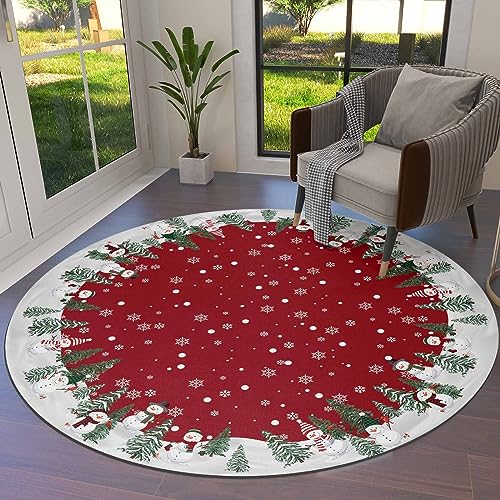 Jolunifun Christmas Red Round Area Rug 3ft,Washable Outdoor Indoor Carpet Runner Rug for Bedroom,Kitchen,Bathroom,Living/Dining/Laundry Room,Office,Area+Rug Bath Door Mat Snowflake Snowman Xmas Tree