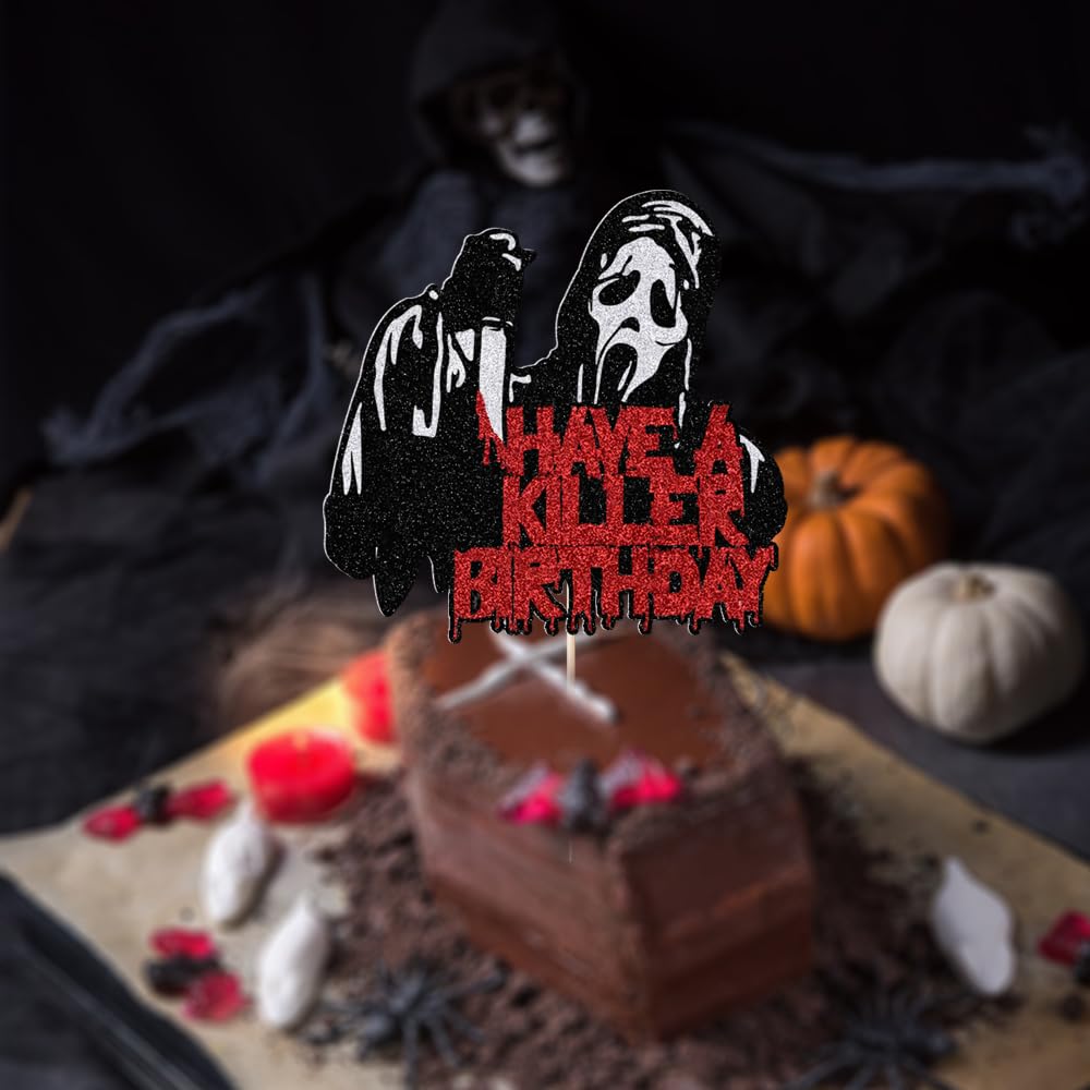 PALASASA Have a Killer Birthday Glitter Cake Topper,For Horror Classic Halloween Bloody Theme Birthday Party Cake Decorations (Death Killer)