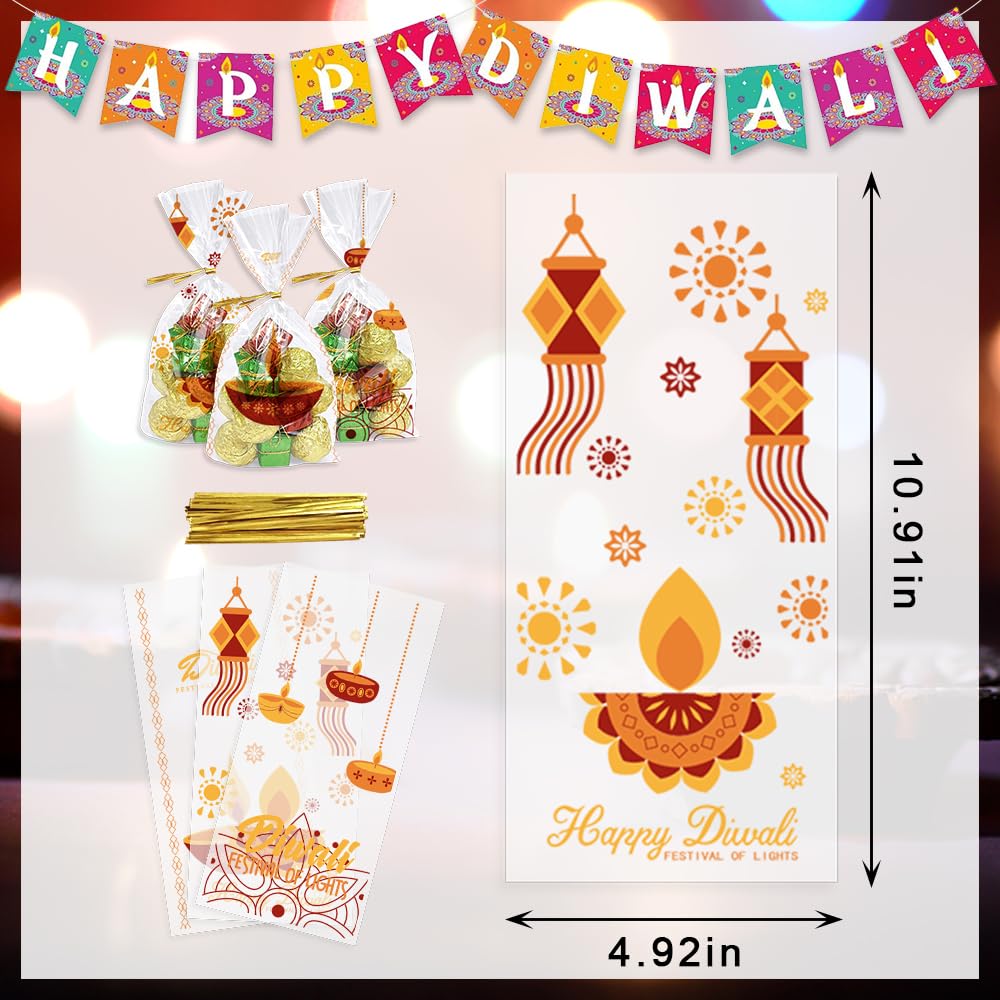 120PCS Diwali Bags Diwali Goodie Cellophane Treat Bags Festival of Lights Candy Bags Deepawali 3 Styles Happy Diwali Words Plastic OPP Bags with Twist Ties for Diwali Gifts Party Decoration Supplies