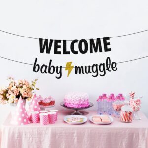 Welcome Baby Muggle Banner, Baby Shower Party Bunting, Welcome Little Muggle/Baby Announcement Party Decorations Sign Black Glitter