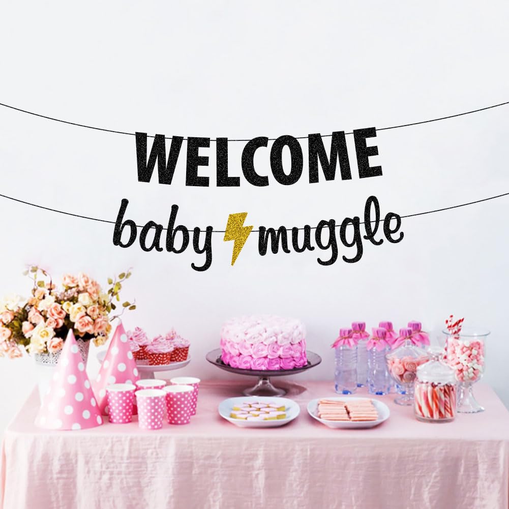 Welcome Baby Muggle Banner, Baby Shower Party Bunting, Welcome Little Muggle/Baby Announcement Party Decorations Sign Black Glitter