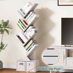 Vagusicc Tree Bookshelf, 6 Tier Bookshelf with Storage, Tall Narrow Bookcase, Wood Book Storage Rack for CDs/Books, Small Book Organizer Shelves for Bedroom, Living Room, Home Office, White