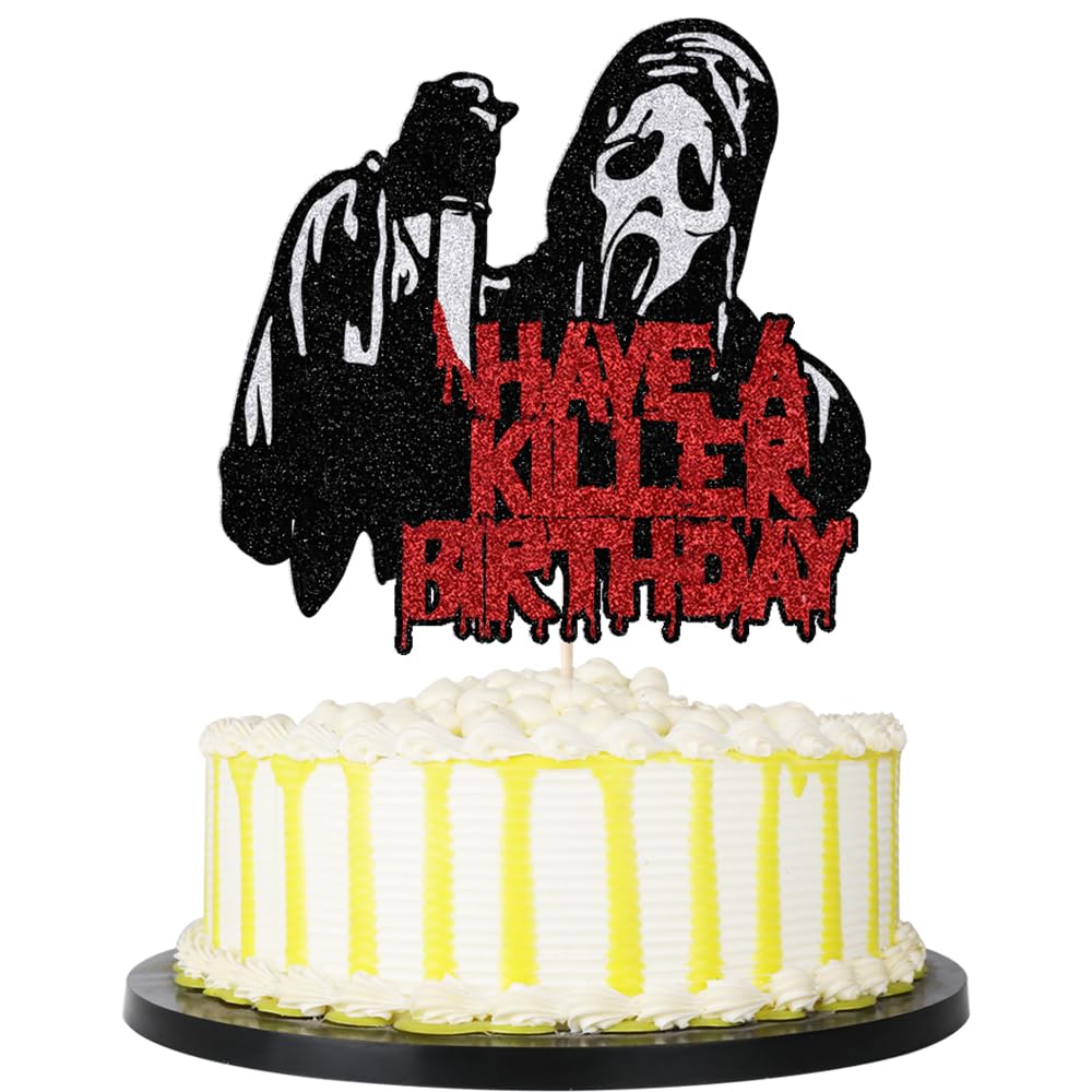 PALASASA Have a Killer Birthday Glitter Cake Topper,For Horror Classic Halloween Bloody Theme Birthday Party Cake Decorations (Death Killer)