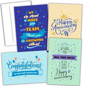 24 happy work anniversary cards bulk with envelopes - 24 cheerful work anniversary cards for employees in a storage box - employee appreciation gifts bulk, 4 designs x 6 cards each (celebration set)