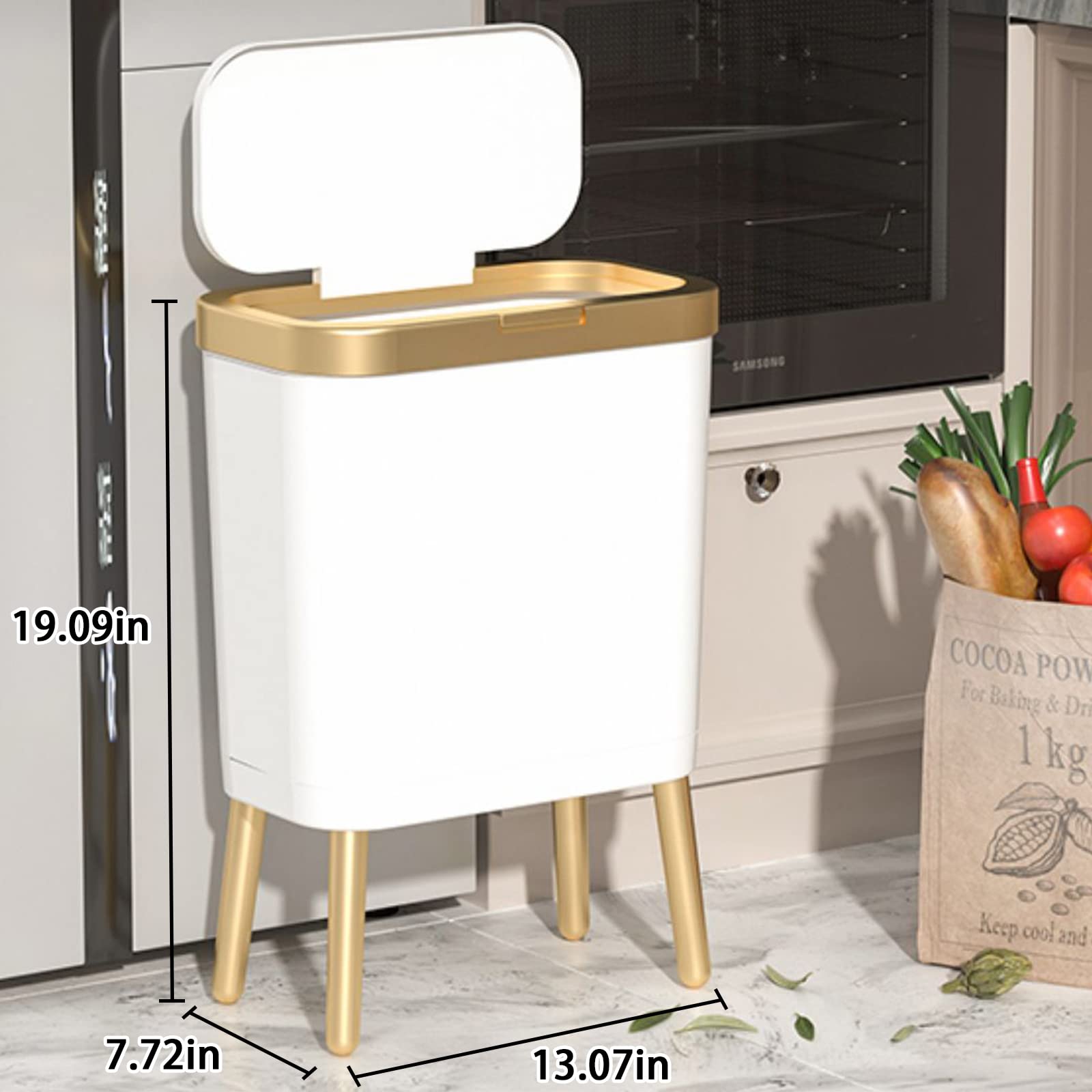 URALFA 4 Gallon Bathroom Trash Can with Lid, Slim Garbage Can with High Foot, Dog Proof Trash Bin with Press-TOP, Modern White and Gold Trash Can for Bedroom, Kitchen, Living Room, Toilet (White)