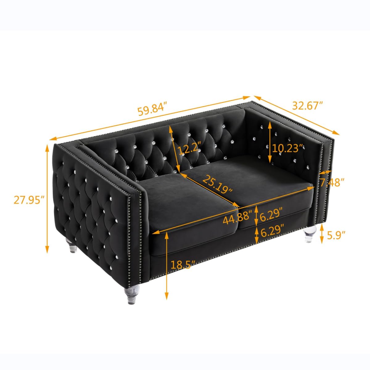 Tomkate 59.8 Inch Small Chesterfield Sofa, Modern Velvet Upholstered Loveseat Sofa Couch with Two Pillows and Crystal Feet, Crystal Buckle Upholstery Tufted 2 Seater Sofa for Living Room, Black