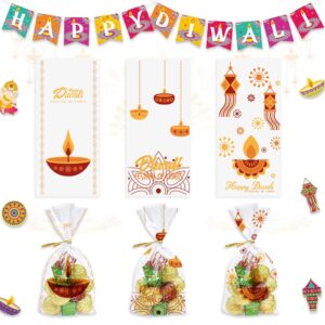 120pcs diwali bags diwali goodie cellophane treat bags festival of lights candy bags deepawali 3 styles happy diwali words plastic opp bags with twist ties for diwali gifts party decoration supplies