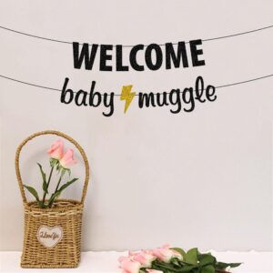 Welcome Baby Muggle Banner, Baby Shower Party Bunting, Welcome Little Muggle/Baby Announcement Party Decorations Sign Black Glitter