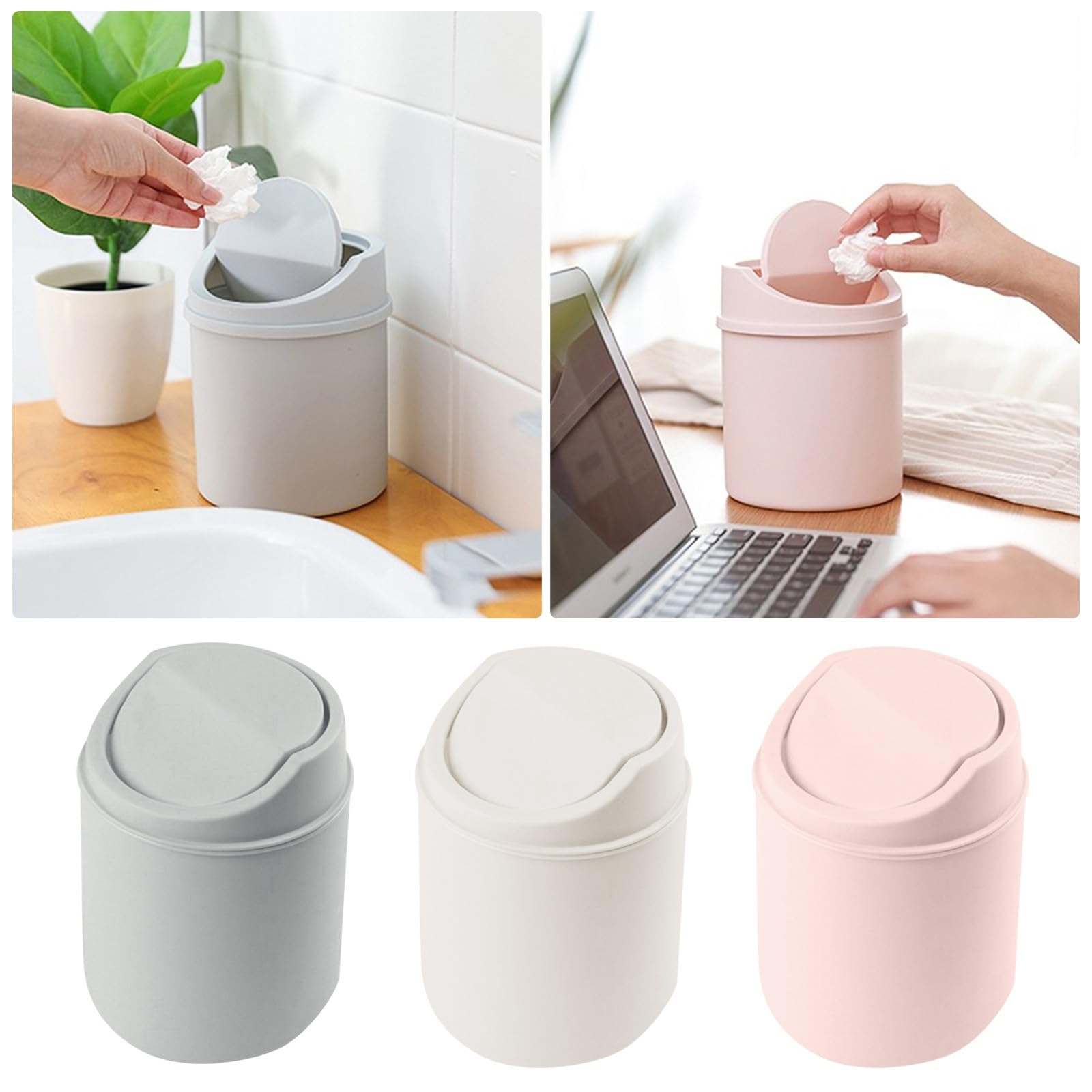 HEALT Wastebasket Trash Can - Desktop Mini Plastic Waste Garbage Can with Swing Lid, Stylish Countertop Trash Bin Table Waste Paper Basket Round Small Trash Can for Office Bathroom Bedroom (Gray)