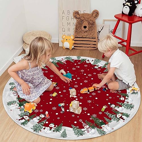 Jolunifun Christmas Red Round Area Rug 3ft,Washable Outdoor Indoor Carpet Runner Rug for Bedroom,Kitchen,Bathroom,Living/Dining/Laundry Room,Office,Area+Rug Bath Door Mat Snowflake Snowman Xmas Tree