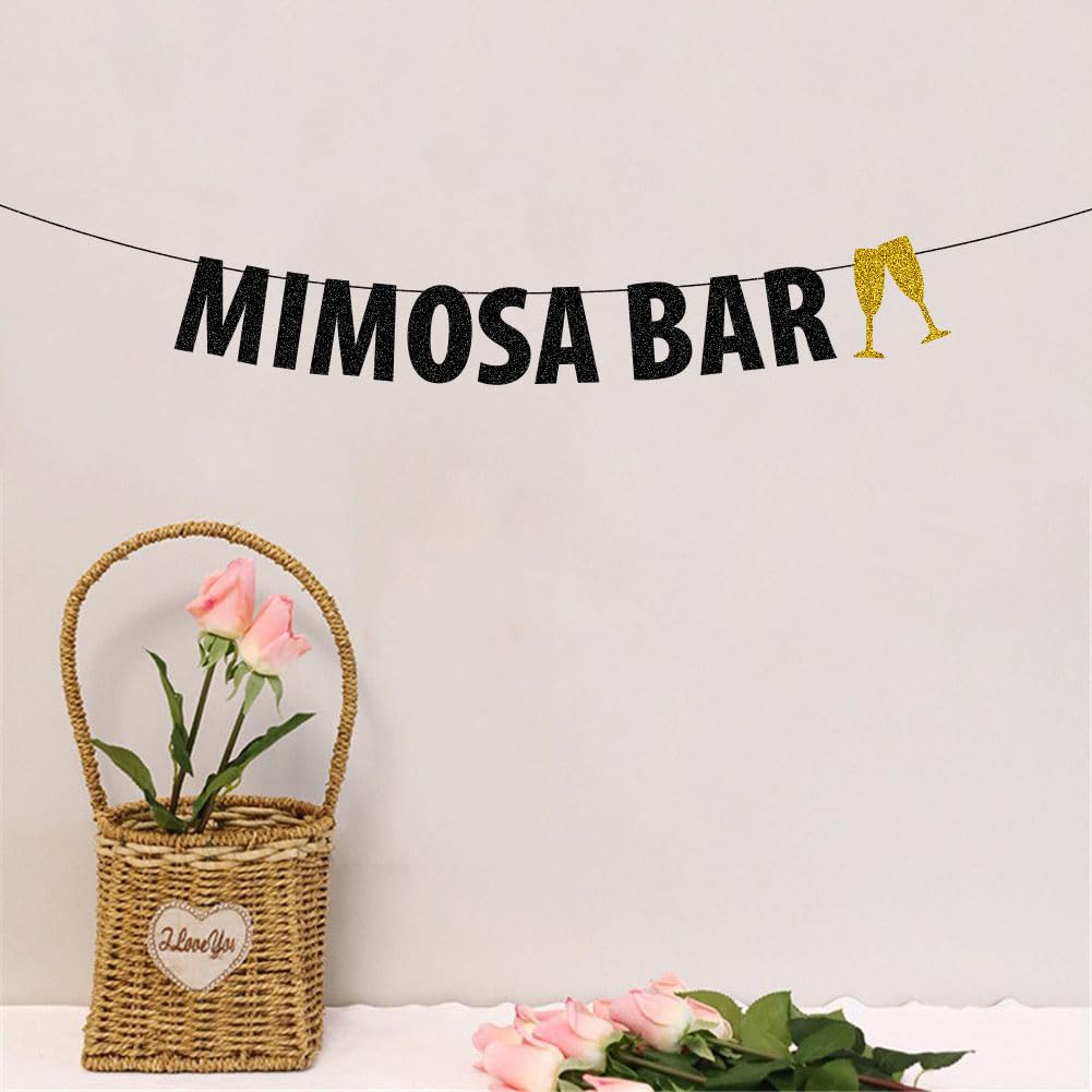 Mimosa Bar Banner Black Glitter, Bridal Shower/Bubbly Bar/Champagne Brunch/Baby Shower/Wedding/Engagement/Birthday/Graduation/Fiesta Party Decorations