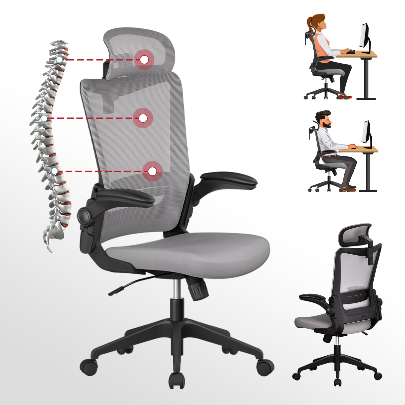 Motostuhl C6 Grey Ergonomic Office Chair Office Desk Chair with Lumbar Support 2D Headrest Flip Up 4D Armrest 120° Rocking Mesh Computer Chair Office Chairs for Office Home Conference Room Usage