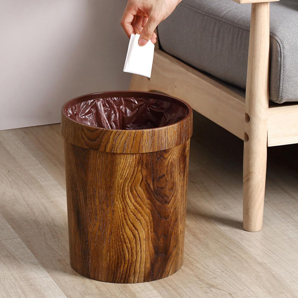 Cabilock Wood Trash Can Wood Grain Garbage Can Plastic Round Wastebasket Rustic Farmhouse Style Wastebasket Bin Rubbish Bins with Pressing Ring