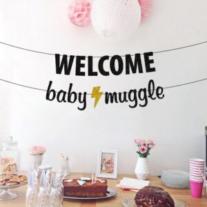 Welcome Baby Muggle Banner, Baby Shower Party Bunting, Welcome Little Muggle/Baby Announcement Party Decorations Sign Black Glitter