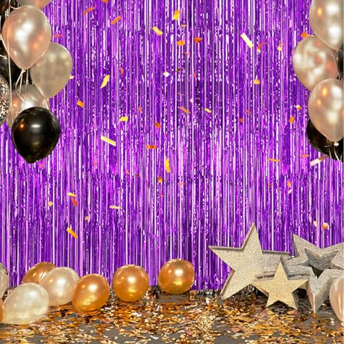 DECOCKRAT 3 Pack Foil Fringe Backdrop - Purple Shiny Tinsel Curtains for Party Decoration/Photo Booth Props - 3.3x8.2 FT Metallic Foil Backdrop for Birthday, Wedding, Graduation, Christmas.