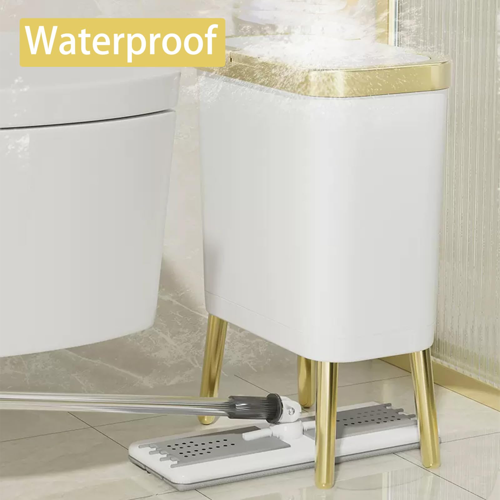 URALFA 4 Gallon Bathroom Trash Can with Lid, Slim Garbage Can with High Foot, Dog Proof Trash Bin with Press-TOP, Modern White and Gold Trash Can for Bedroom, Kitchen, Living Room, Toilet (White)