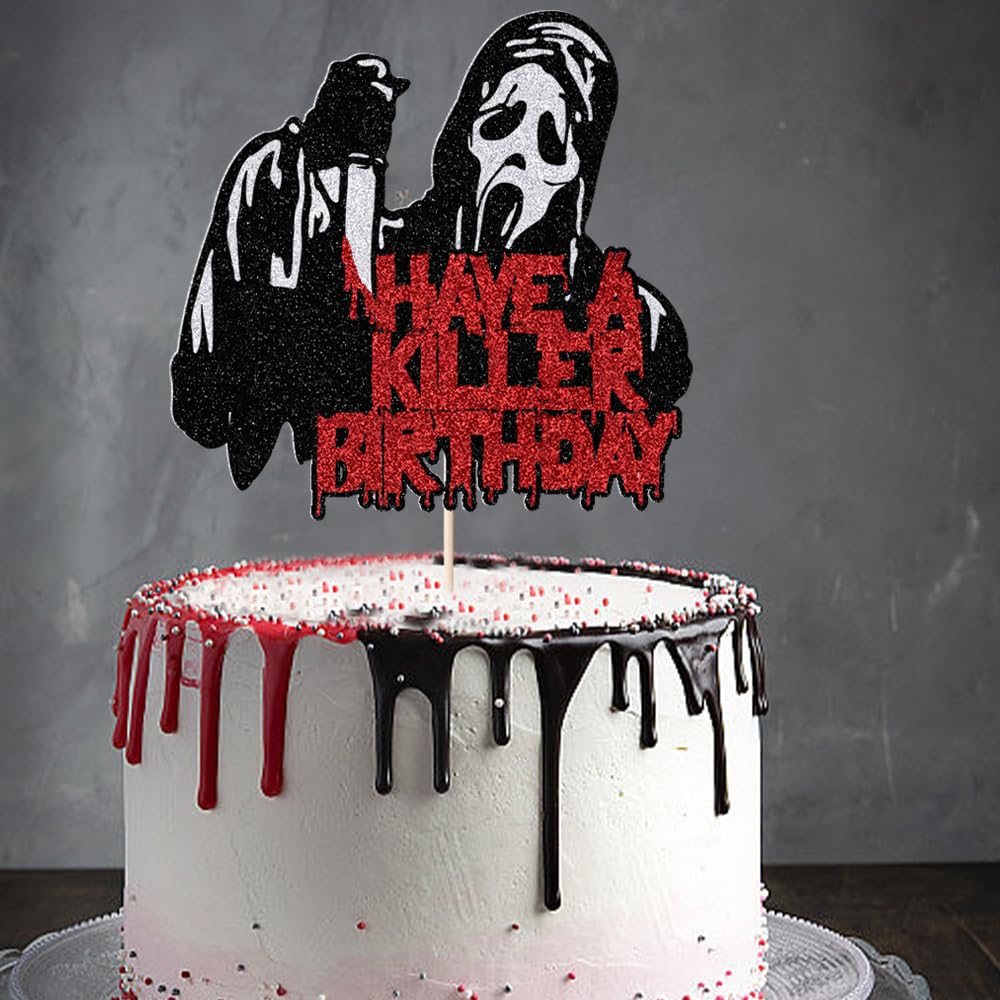 PALASASA Have a Killer Birthday Glitter Cake Topper,For Horror Classic Halloween Bloody Theme Birthday Party Cake Decorations (Death Killer)