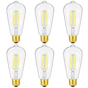 vintage led edison light bulbs dimmable 6w, equivalent 60w incandescent, st58 antique led bulb daylight white 5000k, led filament bulb e26 base, cri 90+, 800lm high brightness, clear glass, pack of 6