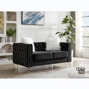 Tomkate 59.8 Inch Small Chesterfield Sofa, Modern Velvet Upholstered Loveseat Sofa Couch with Two Pillows and Crystal Feet, Crystal Buckle Upholstery Tufted 2 Seater Sofa for Living Room, Black