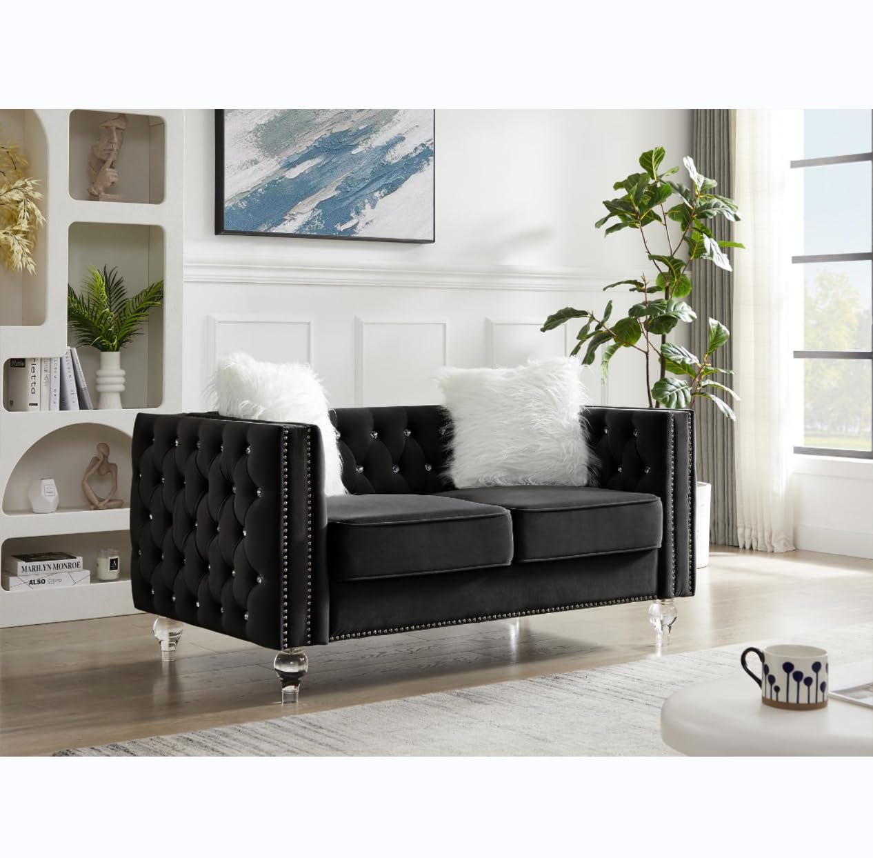 Tomkate 59.8 Inch Small Chesterfield Sofa, Modern Velvet Upholstered Loveseat Sofa Couch with Two Pillows and Crystal Feet, Crystal Buckle Upholstery Tufted 2 Seater Sofa for Living Room, Black