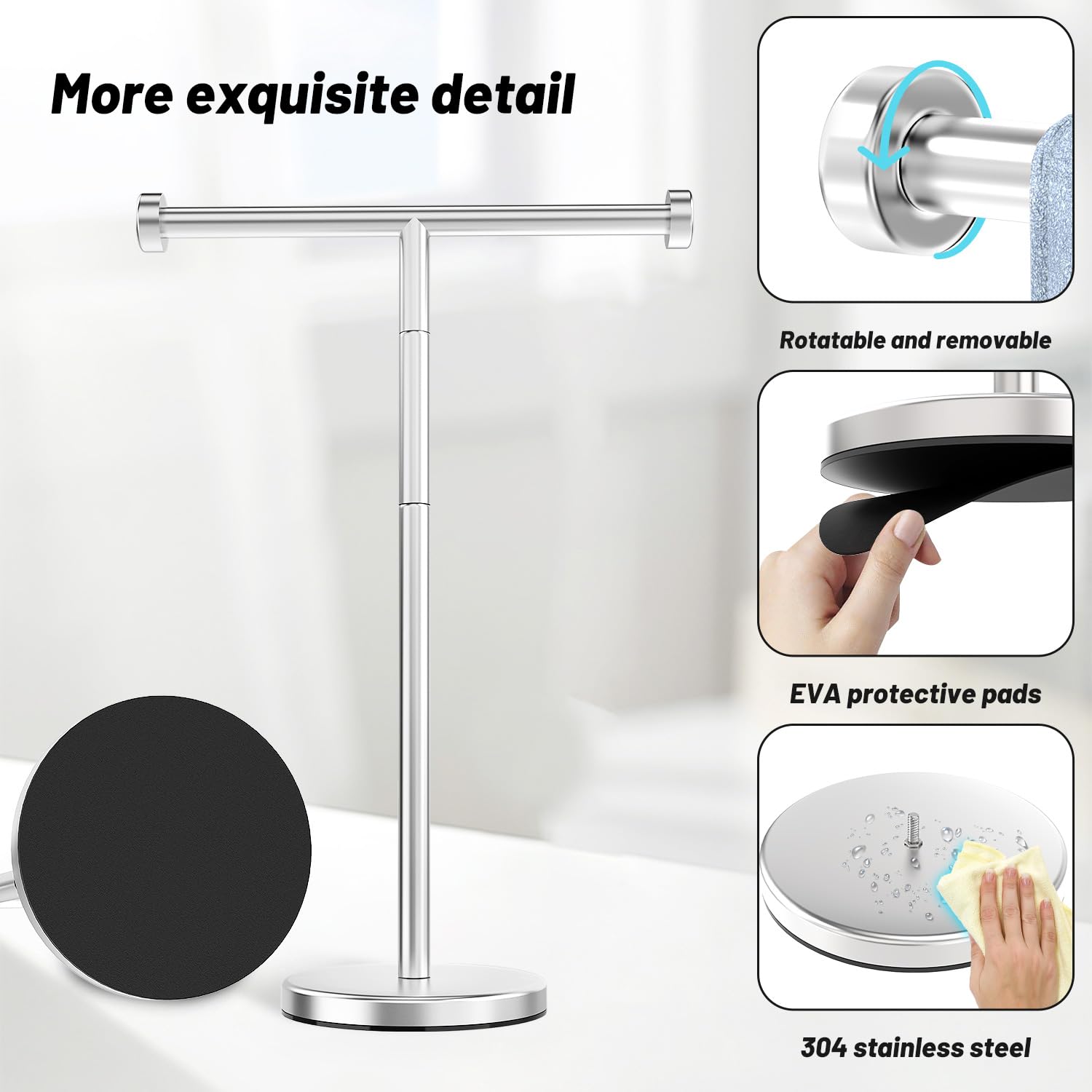 VEHHE T-Shape Hand Towel Holder for Bathroom, Height Adjustable Hand Towel Stand, SUS304 Stainless Steel Towel Holder Stand Non-Slip for Adults, Children（Silver）