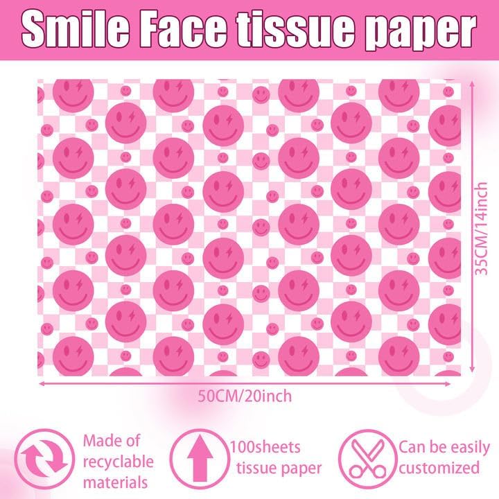 100 Sheets 20 * 14 Preppy Tissue Paper Hot Pink Smile Face Pink White Plaid Y2k Gift Wrap Tissue Paper for Gift Bags for Wedding Birthday Preppy Theme Party Decor