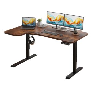 sileye electric l shape 59 inches standing desk, height adjustable sit stand up computer table, large modern smart ergonomic home office workstation with splice board rustic brown top + black frame