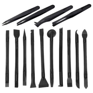 putty 10pcs plastic scraper tool + 4psc precision anti-static tweezers, scratch free cleaning pen-shaped scraper tool stiff multipurpose for tight spaces scraper small plastic scraper tool