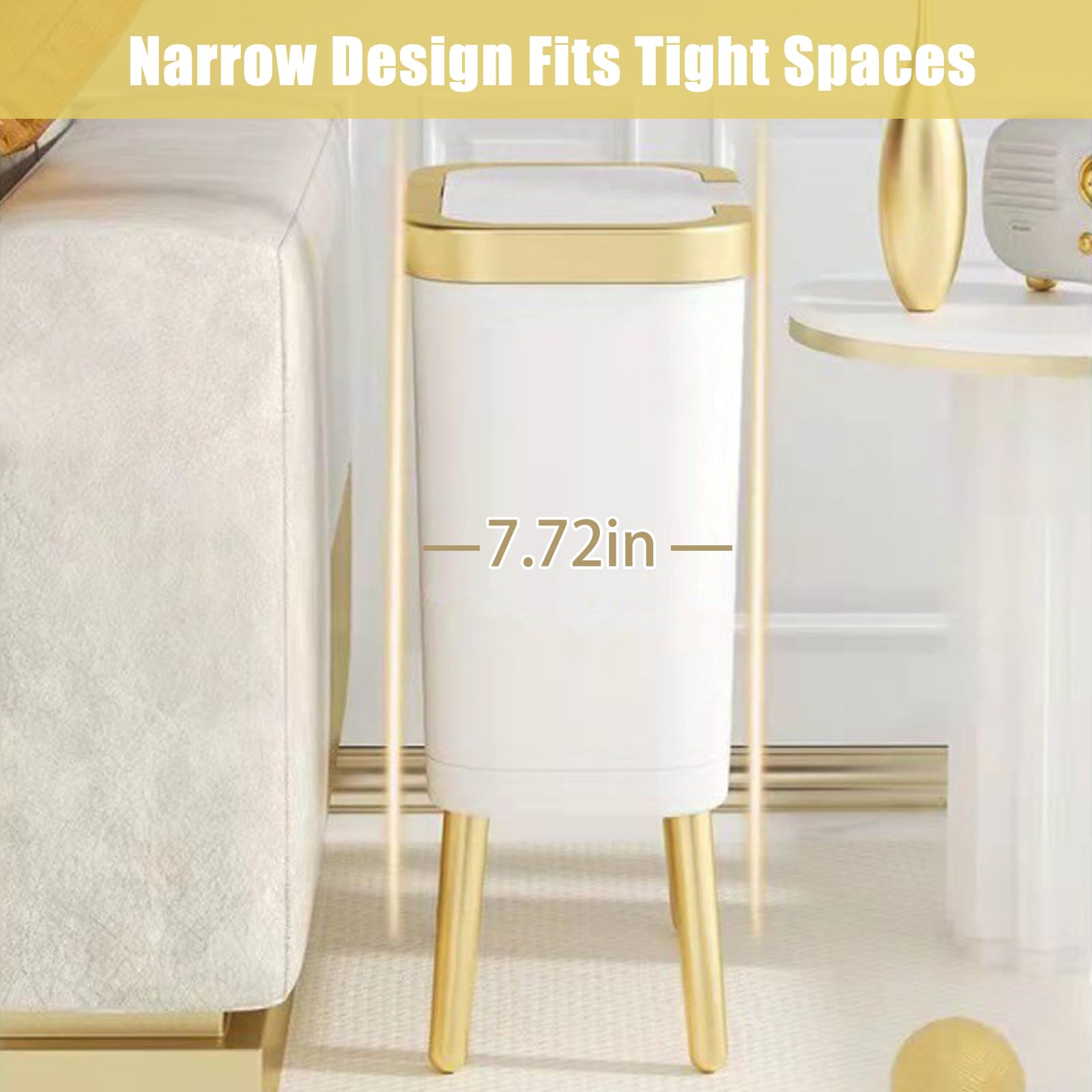 URALFA 4 Gallon Bathroom Trash Can with Lid, Slim Garbage Can with High Foot, Dog Proof Trash Bin with Press-TOP, Modern White and Gold Trash Can for Bedroom, Kitchen, Living Room, Toilet (White)