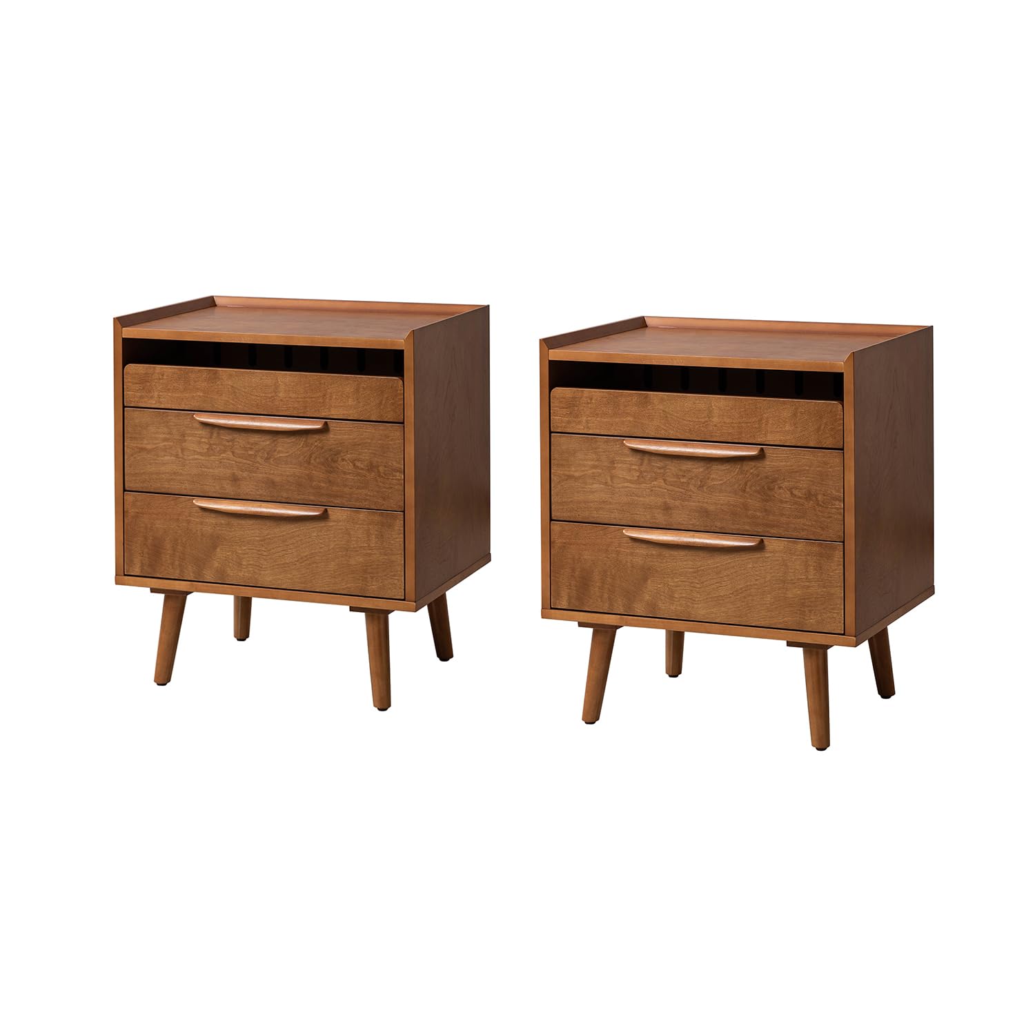 HULALA HOME Nightstand with Charging Station, Mid-Century Modern 2 Drawer and Open Shelf Bedside Tables, Wood Night Stand with USB Ports and Outlets for Bedroom Set of 2, Acorn