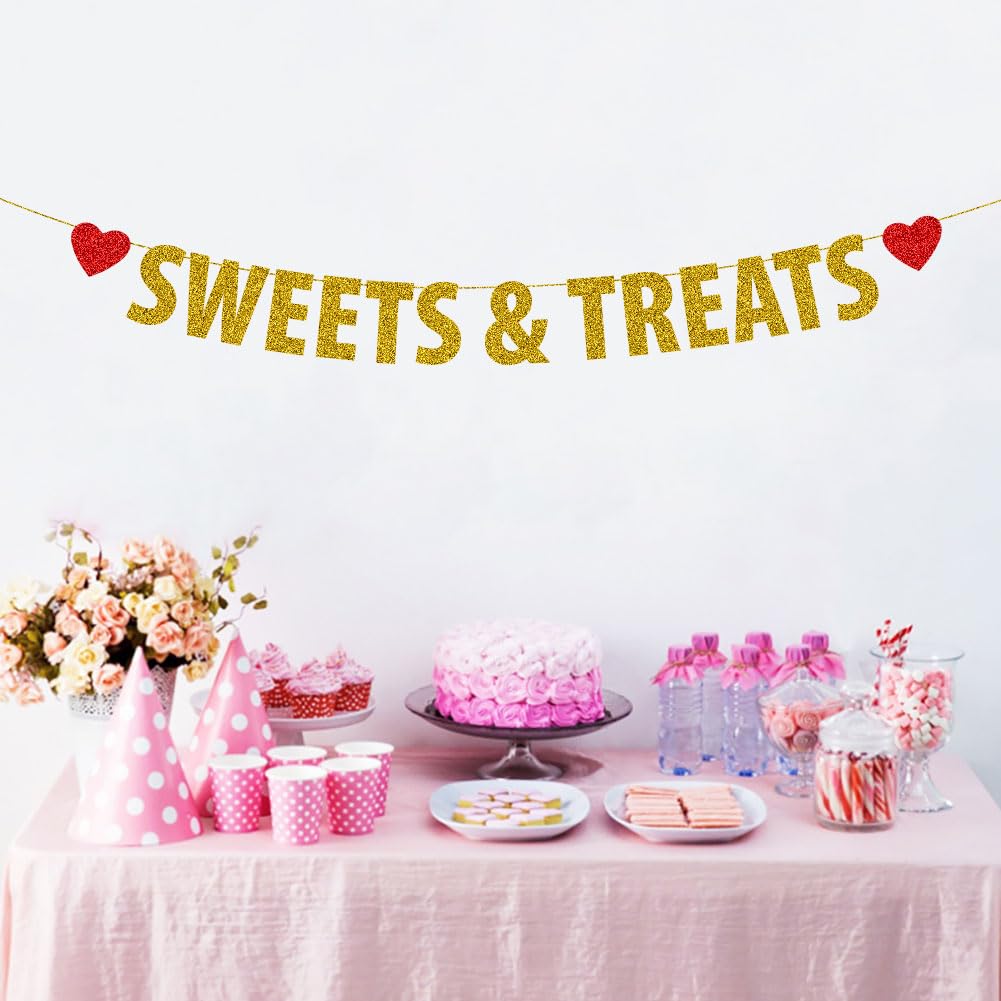 Sweets & Treats Banner, Gold Gliter Bunting Sign for Birthday/Engagement/Wedding/Retirement/Fiesta/Hen party/Graduation/Bridal Shower/Bachelorette Party Decorations