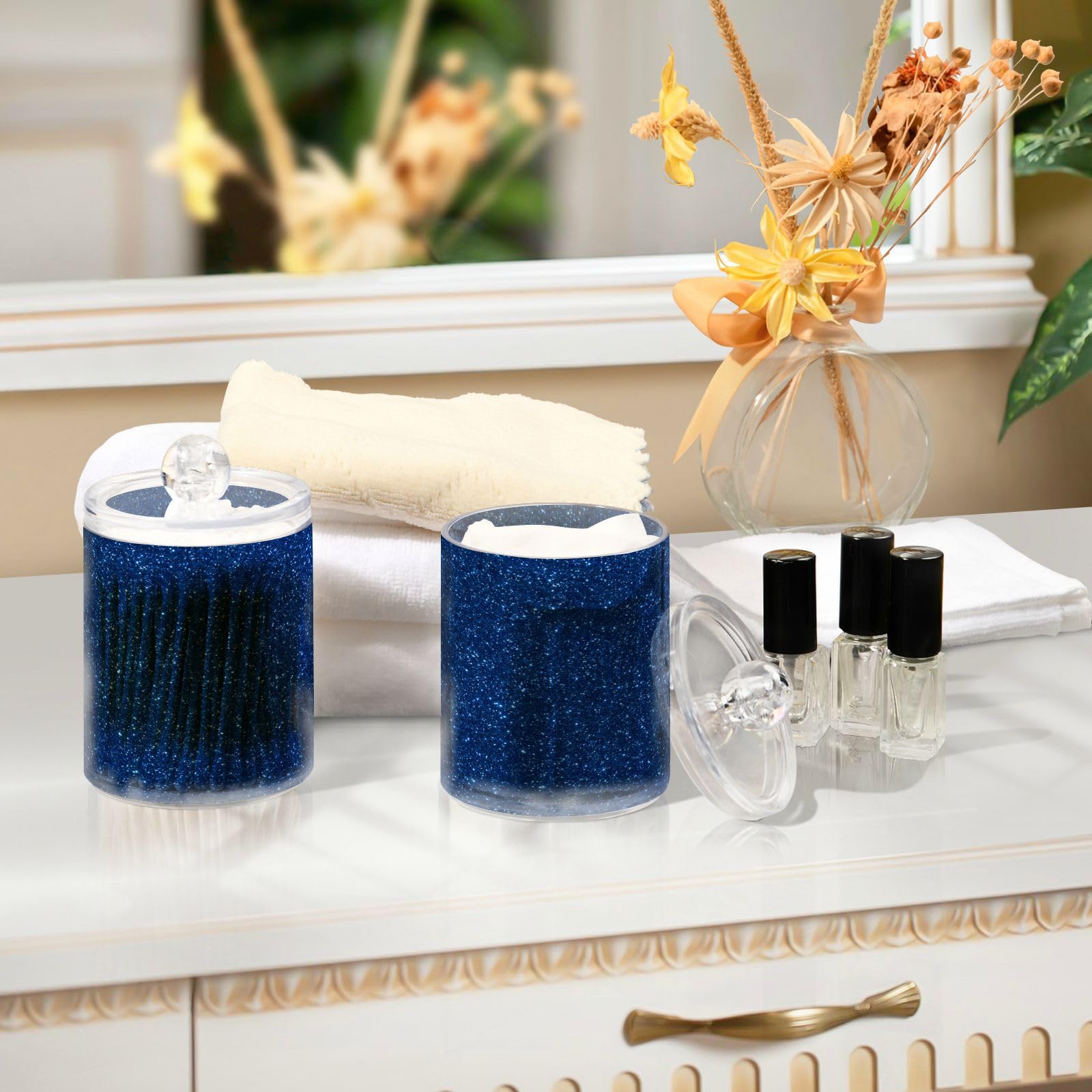 Nesatuwa 2 Pack Qtip Holder Dispenser Navy Blue Glitter Texture 10 Oz Bathroom Organizer with Lids Storage Canister for Cotton Ball,Cotton Swab,Cotton Round Pads,Floss