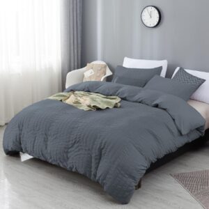 Bowavat Seersucker Duvet Cover Full/Queen Size,100% Washed Microfiber 3 Pieces Dark Grey Duvet Cover Set, Soft Textured Bedding Set with Zipper Closure and Corner Ties (Dark Grey, Full/Queen)