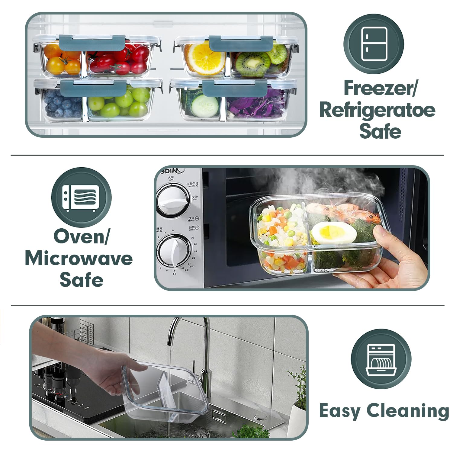 VERONES 10 Pack Glass Meal Prep Containers 2 Compartment Set, 30 OZ Airtight Glass Lunch Containers, Glass Food Storage Containers with Lids, for Microwave, Oven, Freezer & Dishwasher Friendly，Grey