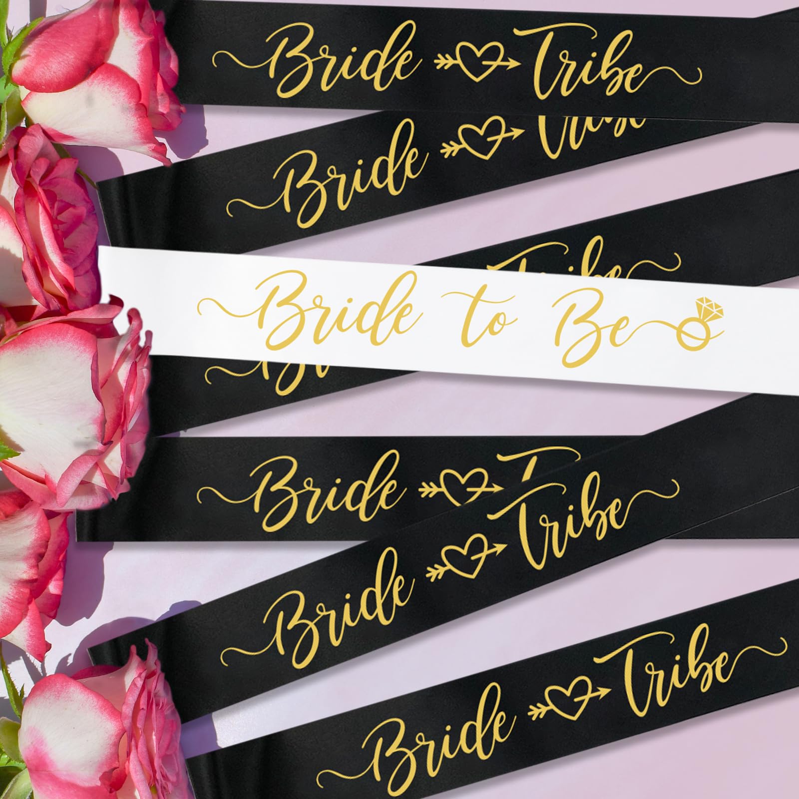 SKJIAYEE 7Pcs Bachelorette Sash Set-White Gold Bride to be Sash and 6Pcs Black Gold Bride Tribe Sash for Hen Party and Bridal Shower Party Supplies-Wedding Engagement Party Accessories Favors Gift