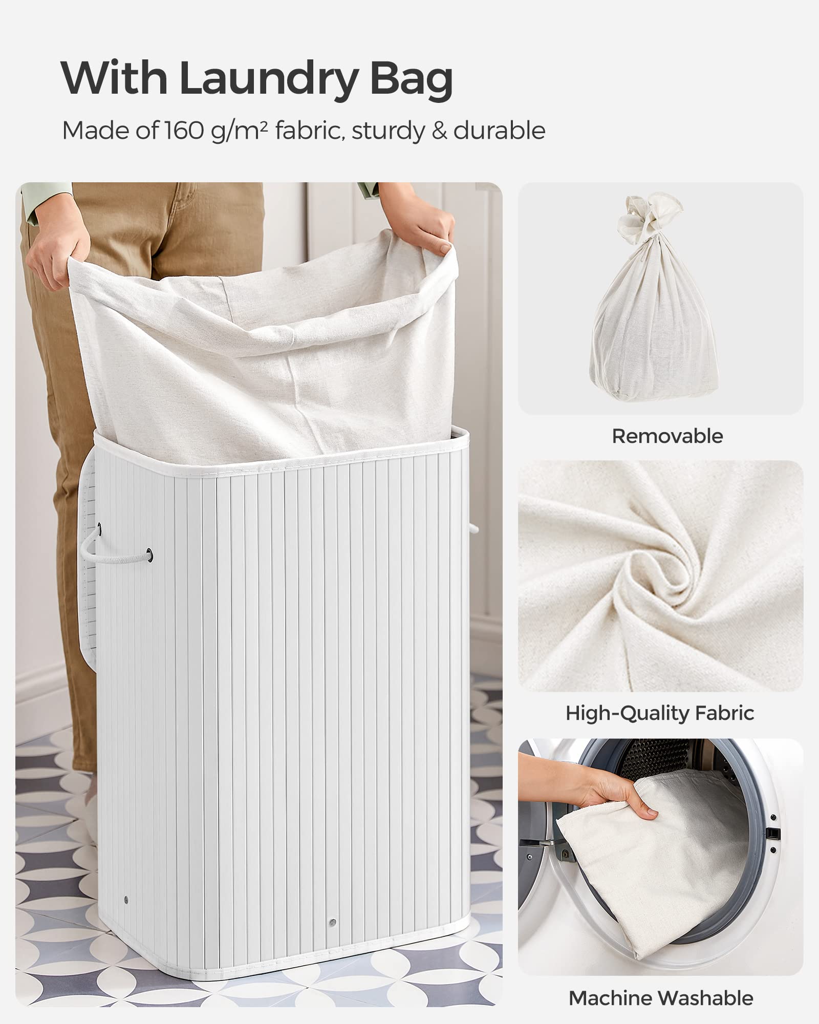 SONGMICS Foldable Laundry Hamper with Lid, 19 Gal. Bamboo Laundry Basket, Rectangular Storage Hamper with 3 Handles, 15.7 x 11.8 x 23.6 Inches, for Laundry Room, Bedroom, White ULCB010W01