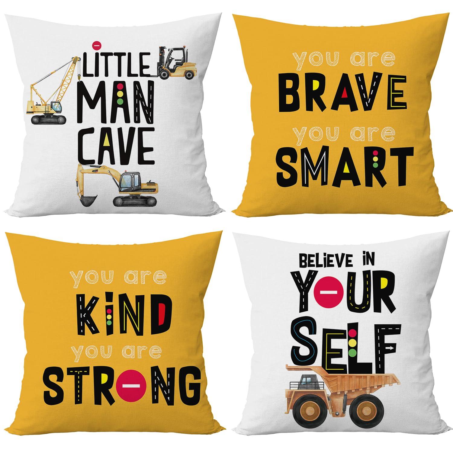 Yuzi-n Construction Trucks Pillow Cases Construction Room Decor for Boys Room Construction Pillow Covers for Toddler Boy Room Bedroom Playroom Nursery, 18 x 18 Inch Set of 4,White Yellow-Trucks Man