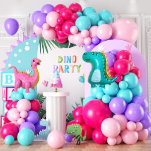 Dinosaur Balloons Arch Garland Kit,Hot Pink Blue Purple Balloon Garland Kit with Dinosaur Foil Balloons for Jungle Safari Dinosaur Themed Party Baby Shower Decorations Supplies Kids Boys