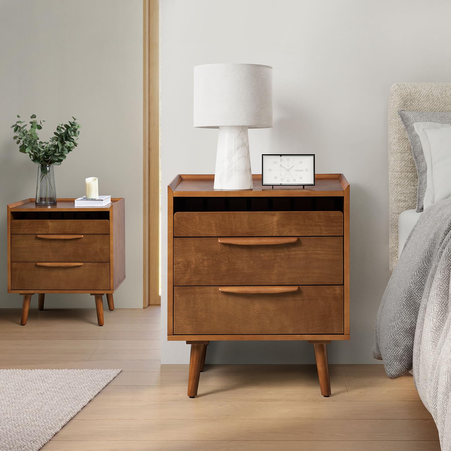 HULALA HOME Nightstand with Charging Station, Mid-Century Modern 2 Drawer and Open Shelf Bedside Tables, Wood Night Stand with USB Ports and Outlets for Bedroom Set of 2, Acorn