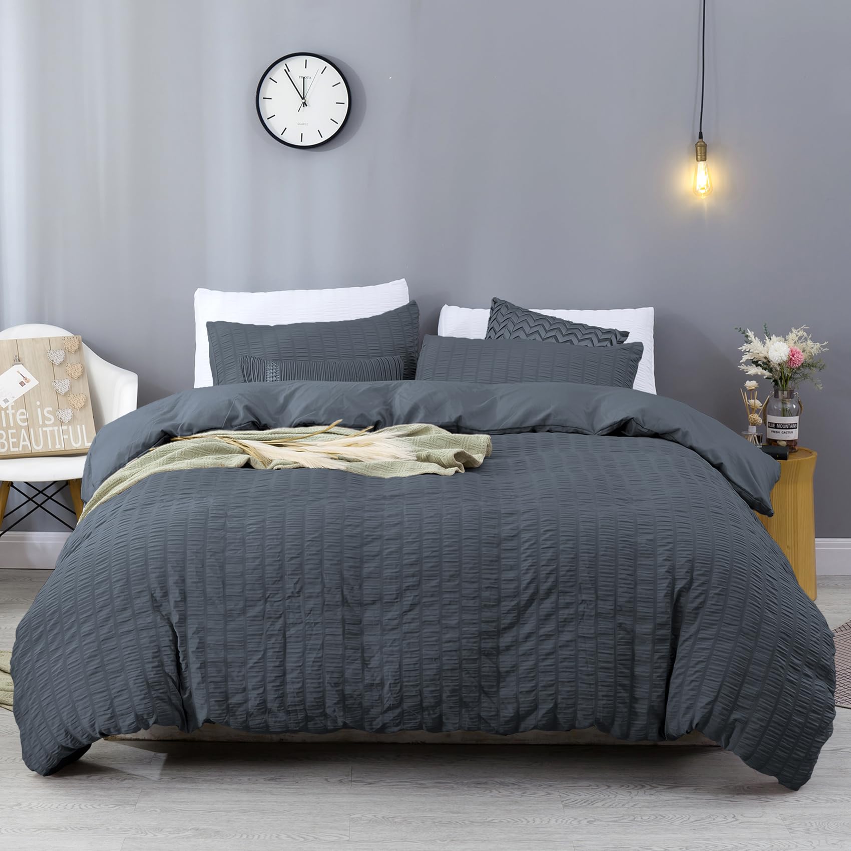 Bowavat Seersucker Duvet Cover Full/Queen Size,100% Washed Microfiber 3 Pieces Dark Grey Duvet Cover Set, Soft Textured Bedding Set with Zipper Closure and Corner Ties (Dark Grey, Full/Queen)