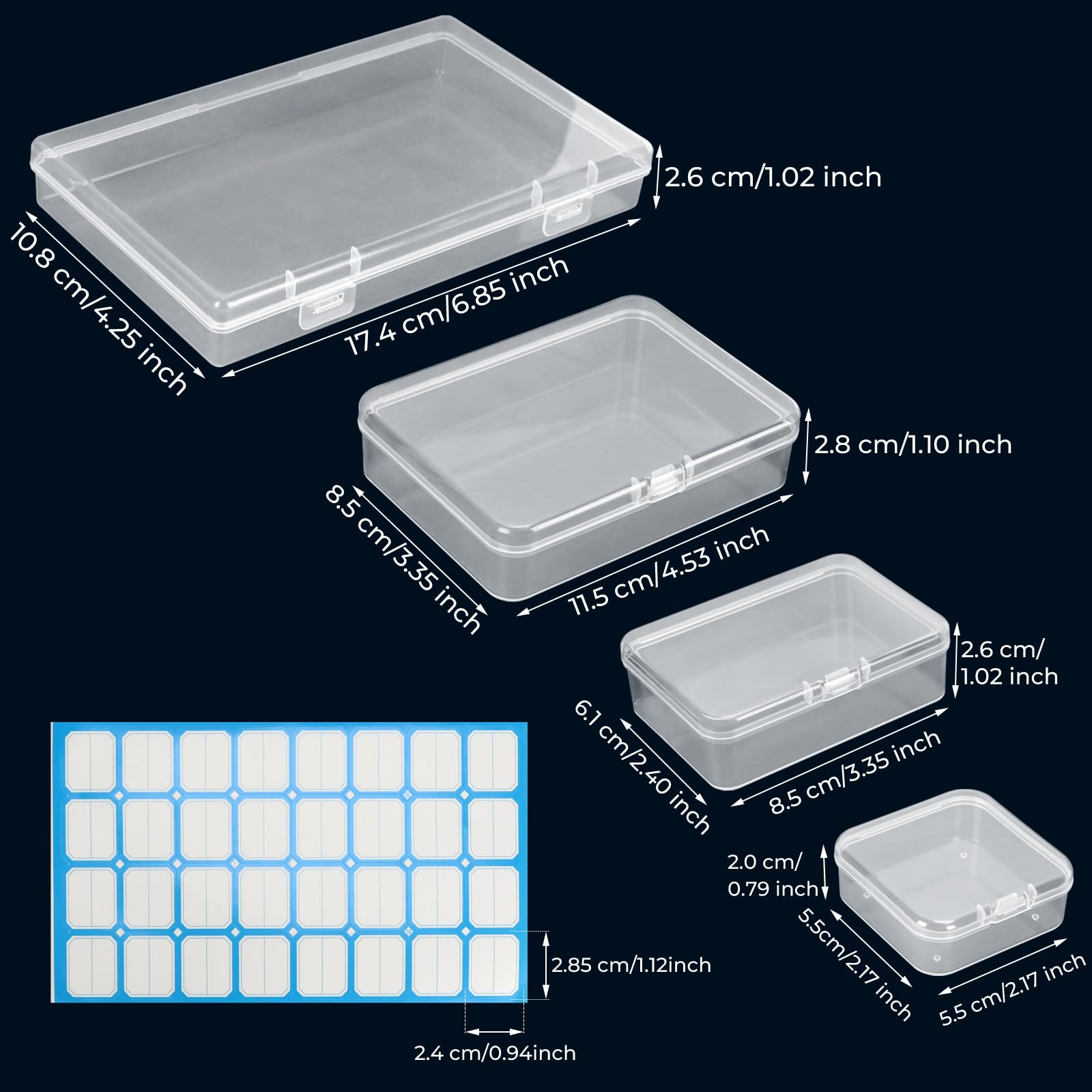 DLOnline 30 Pieces Mixed Sizes Rectangular Mini Clear Plastic Empty Storage Containers Boxes with Lids and Labels, for Art Craft Jewelry Projects and Other Small Items