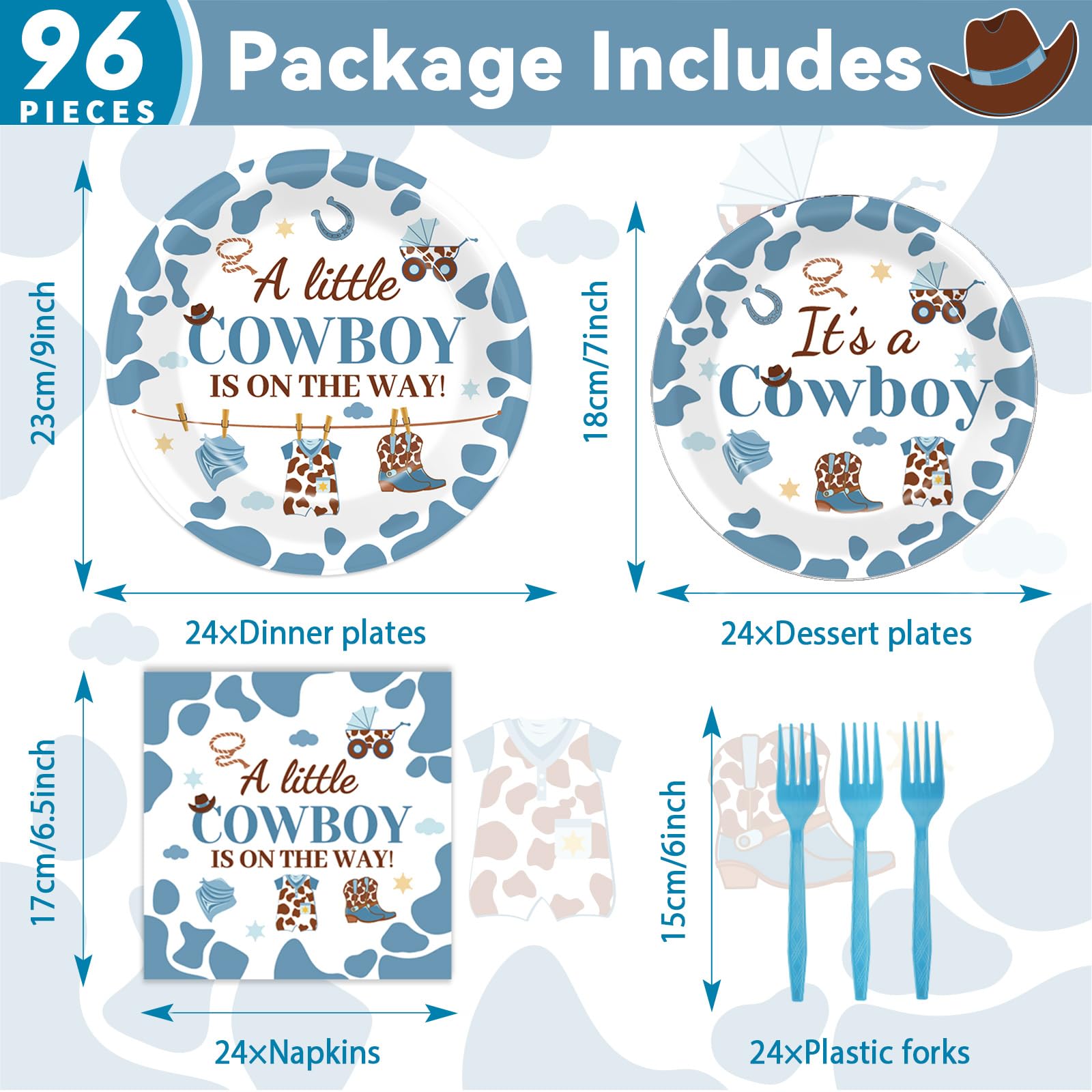 96 Pcs Western Baby Shower Plates and Napkins Party Supplies Western Cowboy Tableware Set Little Cowboy Party Decorations Favors for Cowboy Baby Shower Serves 24 Guests