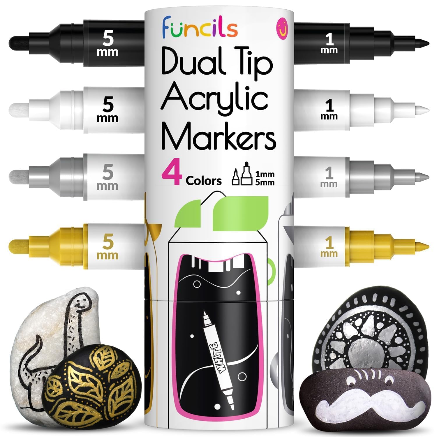 Funcils 4 Dual Tip Acrylic Paint Pens - Fine Tip & Medium, Permanent & Waterproof - Acrylic Paint Markers for Rock Painting, Canvas, Wood, Ceramic, Glass, Fabric, Metal - White, Black, Gold & Silver