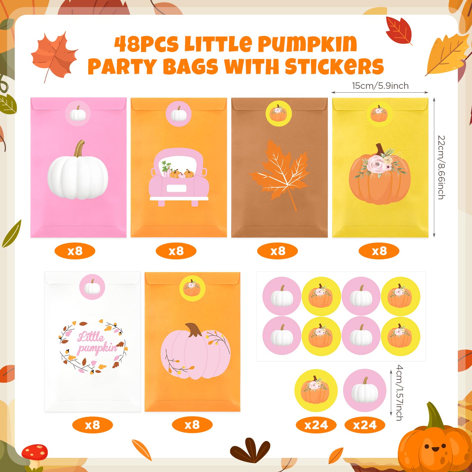 48Pcs Little Pumpkin Party Favor Bags, Pink Pumpkin Candy Bags Halloween Goodie Gift Bags with Stickers for Girl Fall Baby Shower Little Pumpkin Baby Shower Fall Birthday Thanksgiving Party Favor