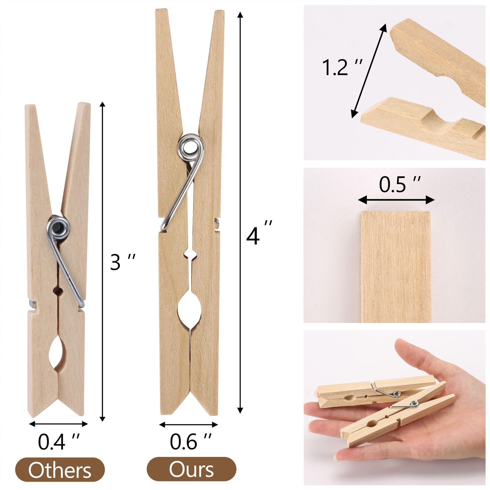 50pcs Clothes Pins 4 Inch Wooden Clothespins Large Clothes Pin for Laundry - Heavy Duty Spring and Wood