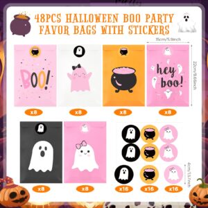 FHzytg 48Pcs Halloween Boo Party Favor Bags, Pink Halloween Ghost Candy Bags Halloween Party Gift Bags for Girl Halloween Spooky Birthday Decorations Boo Baby Shower Happy Boo Day Decorations