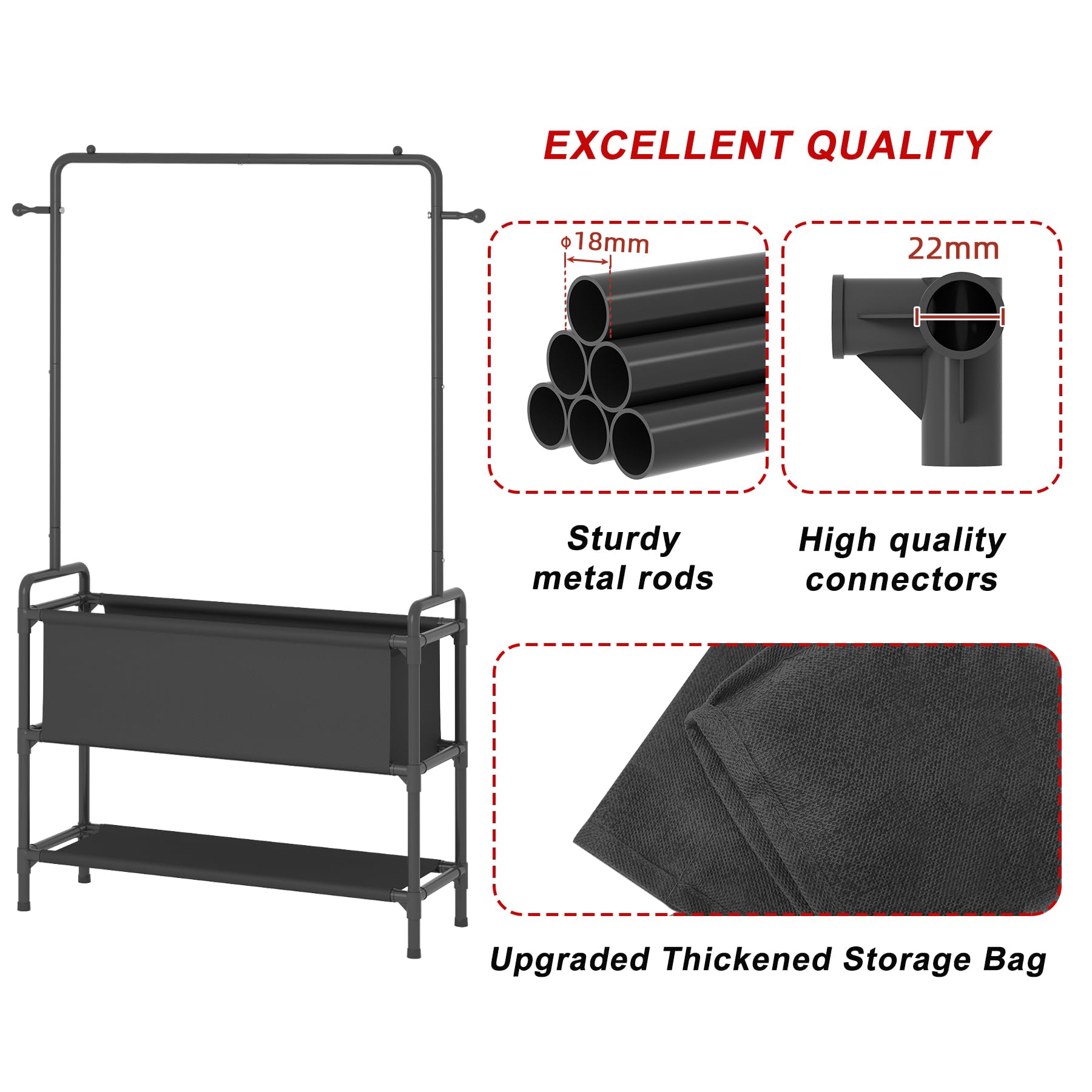 Calmootey Clothing Rack with Storage Bag, 3-in-1 Garment Rack, Non-woven Shelves for Shoes, Clothes Rack for Bedroom, Hallway, Entryway, Black