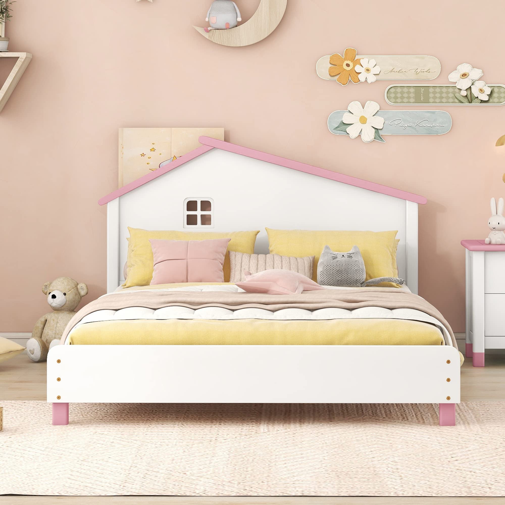 MERITLINE Full Bed Frame with House-Shaped Headboard, Wooden Full Size Platform Bed Frame with Shelf, Cute Full Bed for Kids Teens Girls Boys, No Box Spring Needed, White+Pink